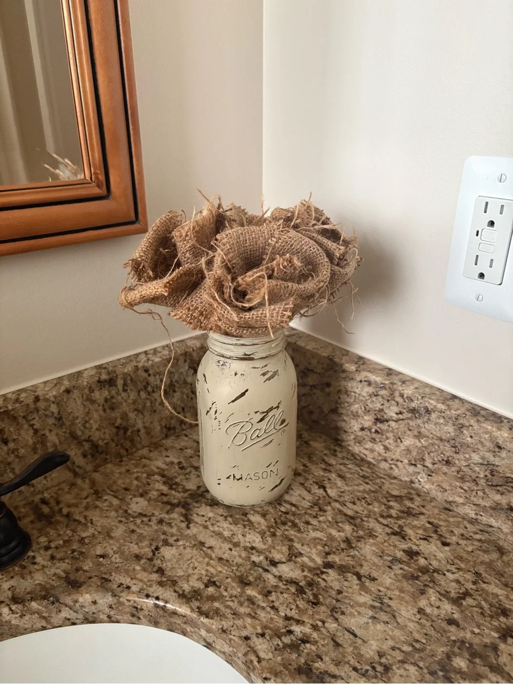 Mason Painted Jar Vase with Burlap Flowers - Cream